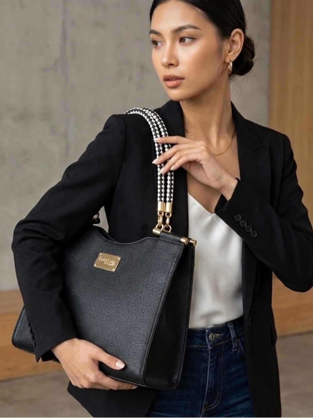 bebe Black Shoulder Bag with Black and White Braided Handles & Gold Accents